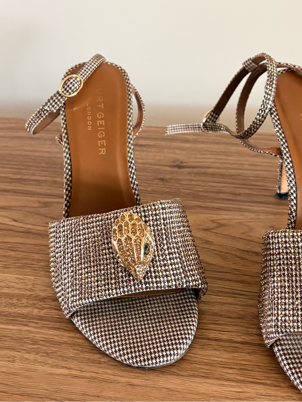 Kurt Geiger Brown Houndstooth Snake-Embellished Block Heel Sandals